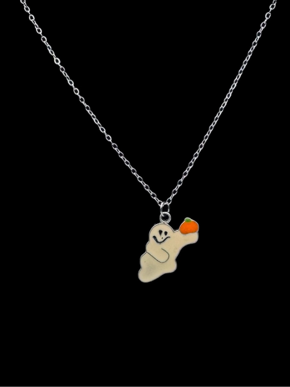 Playful White Ghost Pendant Necklace with Orange Pumpkin Accent